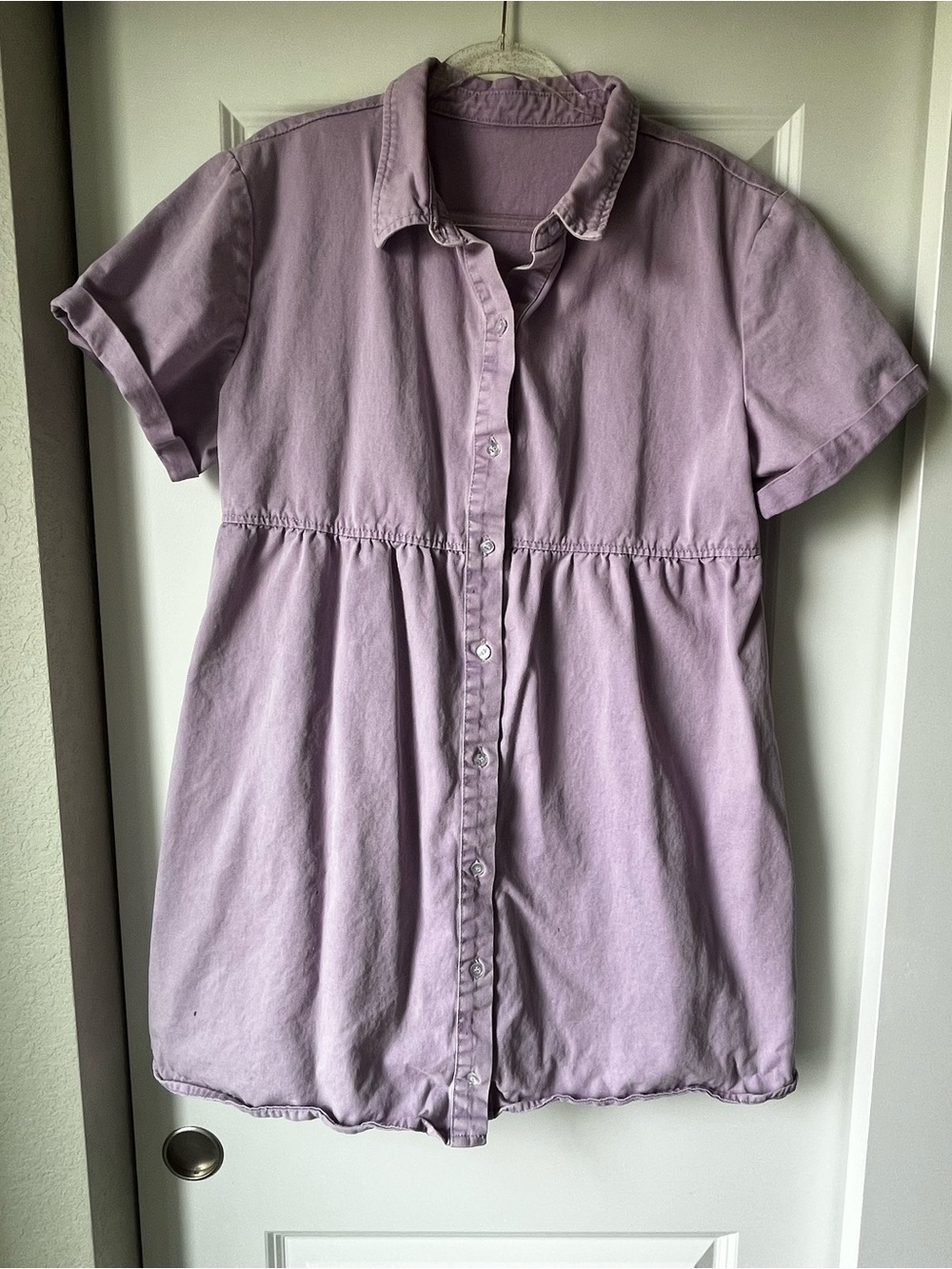 Lavender Denim Button-Front Short Sleeve Dress